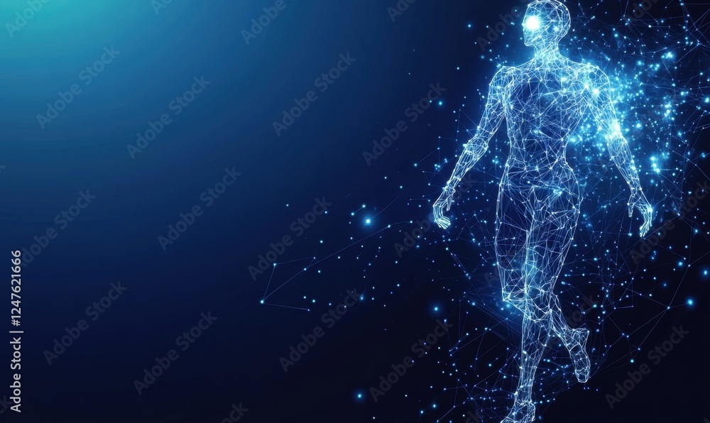 Poster a wireframe hologram of an ai humanoid figure with glowing eyes and a blue background, symbolizing t
