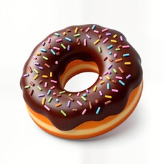 Delicious chocolate frosted donut with colorful sprinkles. Isolated on white background. Tasty sweet treat. Perfect bakery food photo. Yummy dessert for breakfast snack. Ideal for breakfast menus.