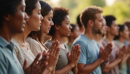 Obraz premium Diverse group of people praying outdoors with closed eyes. Show unity, spirituality. People of different cultures, backgrounds together in prayerful position. Gathering of people for meditation.