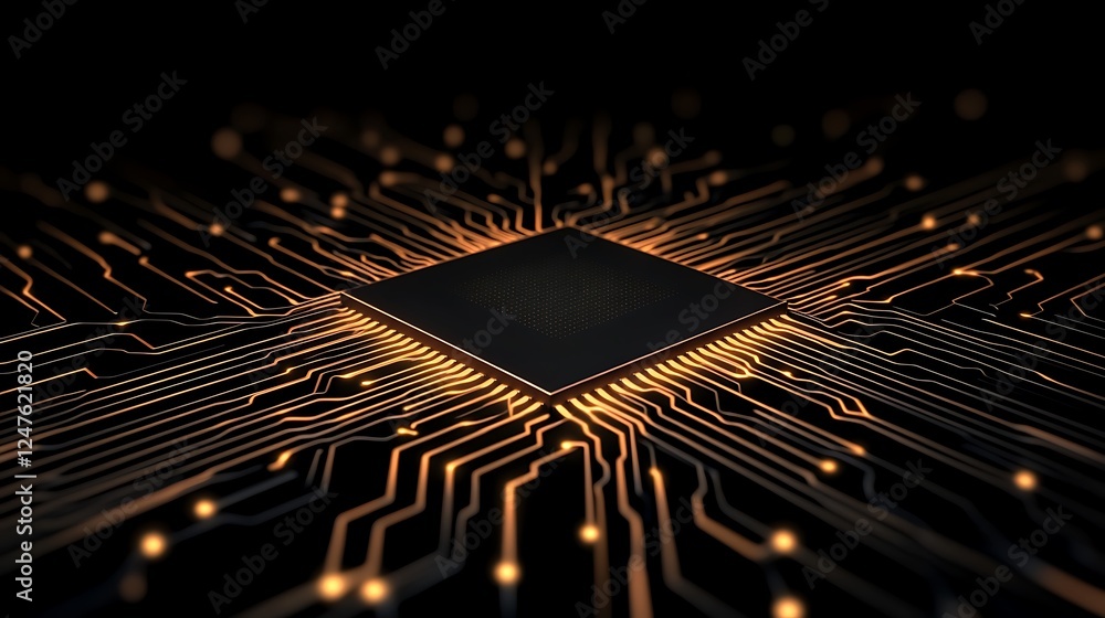 Fototapete Abstract depiction of a microchip surrounded by glowing circuitry on a dark background.