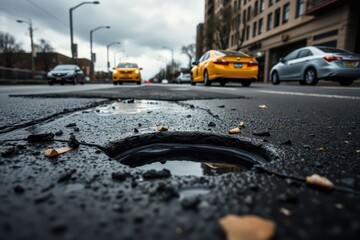 Obraz premium Pothole on city street with cars blurred in background