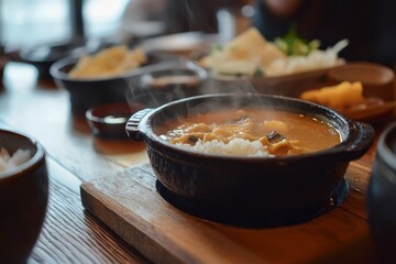 Close up of Japanese curry with rice on wooden table at local restaurant.