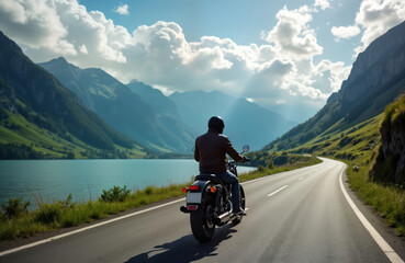 Man rides motorbike along scenic roadway beside alpine lake. Summer day. Mountains in background. Travel concept. European destination. Beautiful landscape. Adventure vacation. Freedom on wheels.