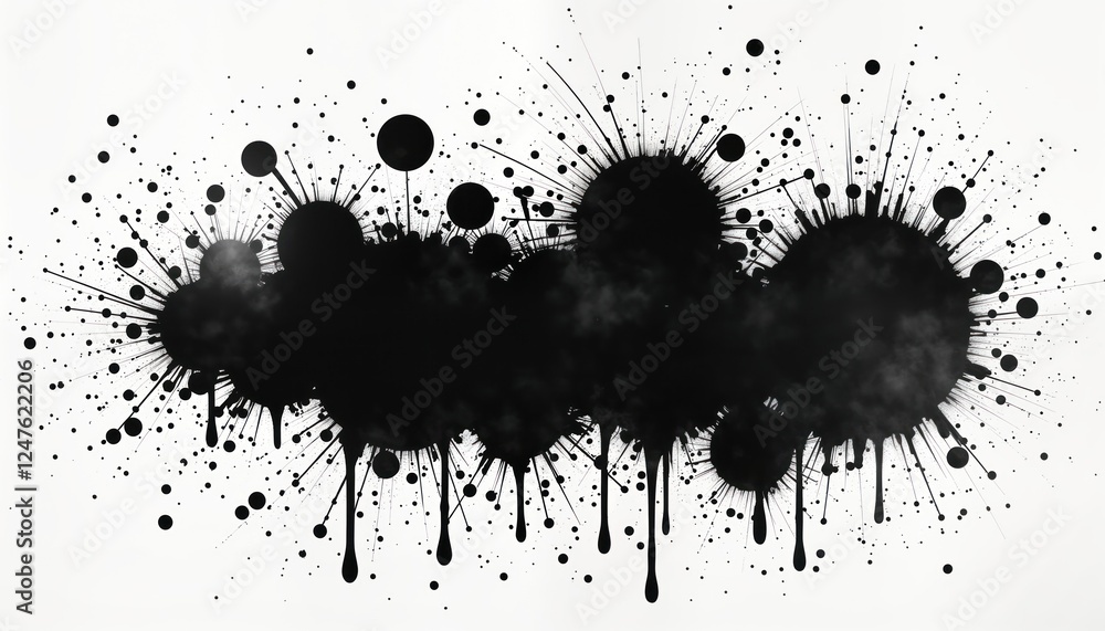 Poster abstract black ink splatter artwork on white background. ink splashes, drips create dynamic pattern.