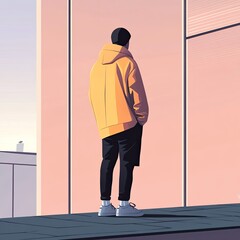Man in yellow hoodie looking at city view.
