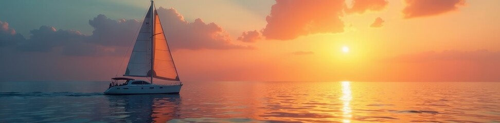 Sailboat gliding on calm ocean towards rising sun, travel, sea
