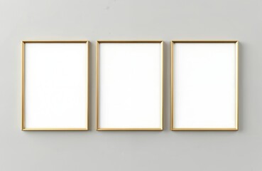 Three empty gold picture frames hang on gray wall. Modern design elegant frames. Luxury decor items. Blank space. Interior design. Wall art. Stylish gallery wall. Decorative item. Empty frames. Great