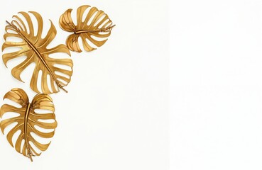 Golden tropical monstera leaves arranged against white background. Decorative design. Modern abstract decor element. Stylish design element for posters cards. Tropical leaves perfect for home