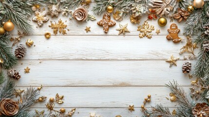 christmas border with gold ornaments and gingerbread cookies on