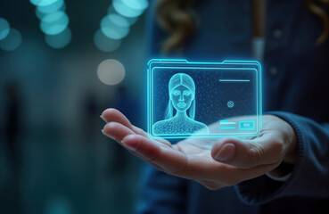 Woman holds holographic ID card with digital profile picture. Futuristic tech concept for authentication, security. Virtual identification card displays personal info. Biometric verification