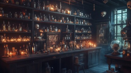 Dark Alchemist Laboratory with Numerous Glass Bottles and Skulls on the Shelves