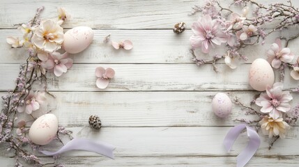 pastel easter eggs and flowers on white wooden background