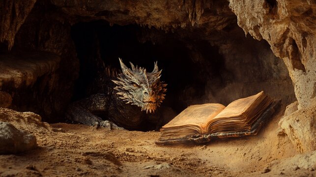 A magnificent dragon guards an ancient book within a hidden cave sanctuary