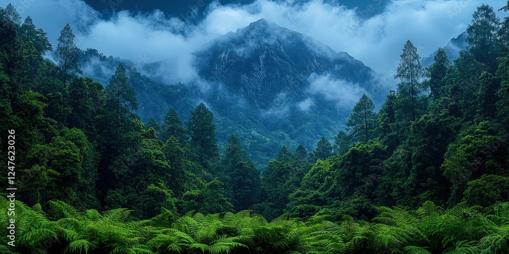 Wall mural Lush Green Forest with Misty Mountains and Cloud-Covered Sky in Serene Nature Landscape with Dense Trees, Vibrant Foliage, and Natural Beauty Scenery