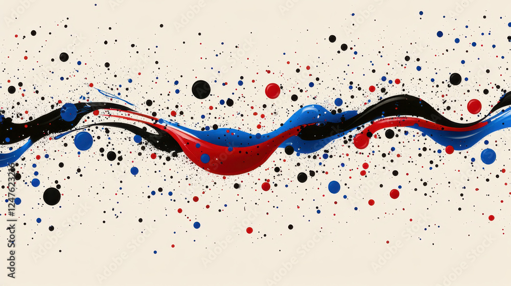 Aufkleber abstract design featuring flowing waves in red, blue, and black with splashes of color, creating dyn
