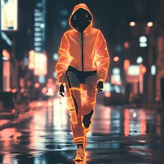 Fototapeta premium Glowing woman walking in rainy city at night.