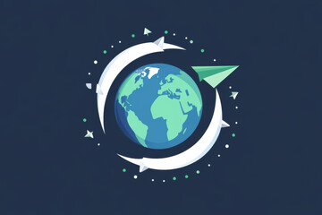 Fototapeta premium Creative logo mockup with a global design featuring arrows and a paper airplane on a deep blue background