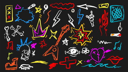 doodle punk rock skulls, guitars, lightning bolts, hearts, and flames. Bold, vibrant, and rebellious street art vector illustration for sticker, poster © Artmoreink