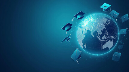 Fototapeta premium Graduation caps surround a glowing world map in a dynamic digital design for educational themes
