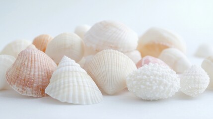 Seashells on white background, beach summer vacation