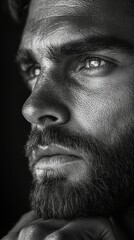 Obraz premium man model evoking the starkness of classic noir with an intimate, psychological edge, close-up, profile with strategic 