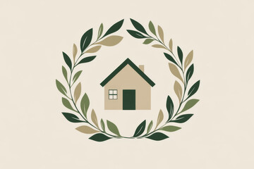 Elegant logo mockup featuring a house surrounded by a leaf wreath in neutral tones for branding or marketing purposes