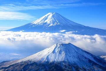 Snowy covered mountain top on winter with misty, cloud covered snow, high altitude peak.