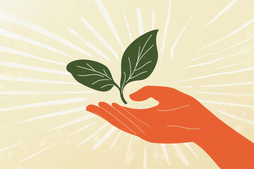 Creative logo mockup featuring a hand holding green leaves with a customizable text area for branding or messaging