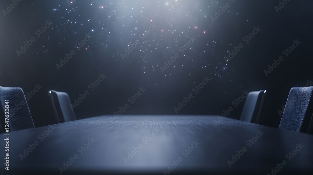 Poster futuristic business meeting table design featuring floating elements, ideal for modern office interi