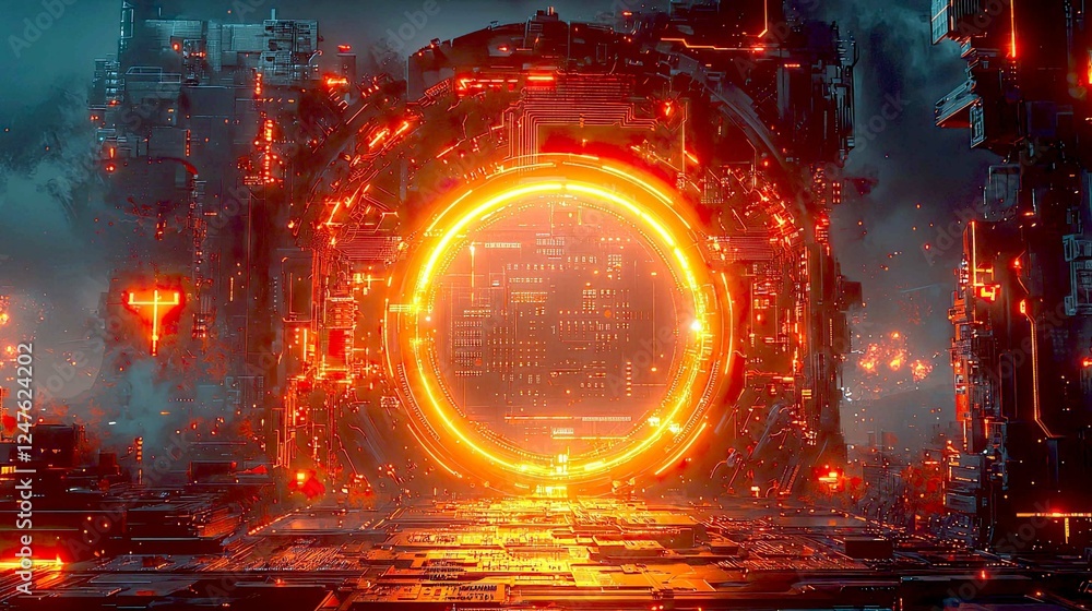 Poster cyberpunk gateway: a futuristic digital portal of orange and red glowing circuits. sci-fi digital ar