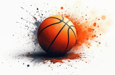 Colorful basketball art illustration. Orange ball on white background. Paint splatter effect. Dynamic sports art. Creative design for sports fans. Motivational sports graphic for website social