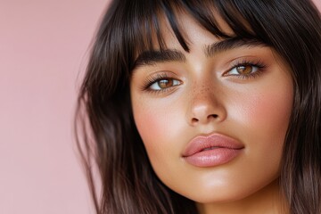 Obraz premium An enchanting close-up portrait of a young woman with expressive eyes and flawless skin, radiating charm and elegance in a vibrant, artistic setting that captures attention.