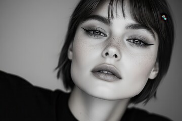 A striking black and white portrait of a young woman featuring dramatic eye makeup and facial expression, representing elegance, mystery, and aesthetic beauty.