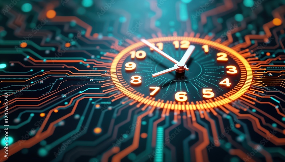 Poster hologram time clock displays time on tech circuit board. digital clock shows time. futuristic tech c