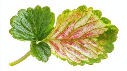 Strawberry Leaf Detail: A vibrant close-up of a strawberry leaf, showcasing intricate details of its variegated colors &ndash; a blend of deep green, pale yellow, and reddish hues.