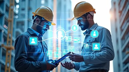 Tech-Savvy Builders: Two construction workers in hard hats collaborate on a tablet, surrounded by digital interface elements, highlighting modern construction and technological innovation - Powered by Adobe