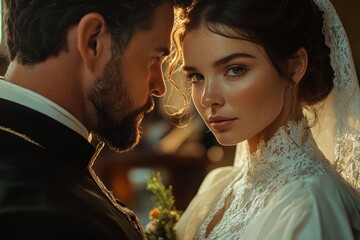 Couple's intimate portrait, vintage attire, church setting, romantic wedding