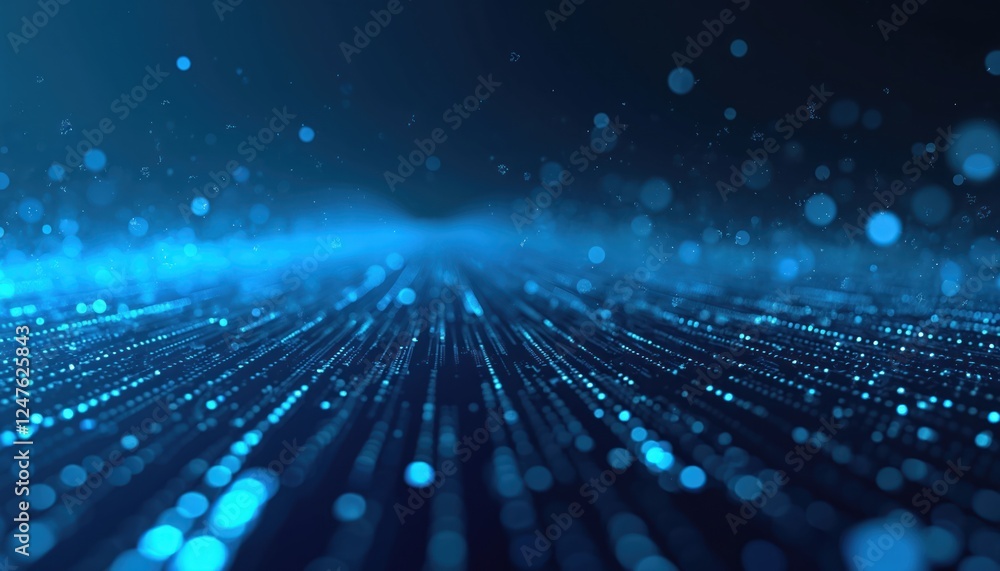 Poster Abstract illustration of digital data stream. Blue binary code flows on dark blue background. Techy design with modern feel. Dynamic network communication displayed. Illustrates data processing,