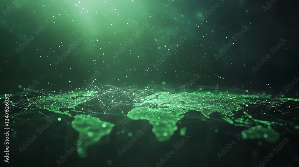 Poster a digital world map illuminated by glowing green energy connections, showcasing global connectivity 