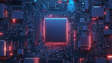 Futuristic Circuit Motherboard with Glossy Square Chip, Neon Blue and Magenta Lights, and Cyberpunk Design. Copy space. Generative AI