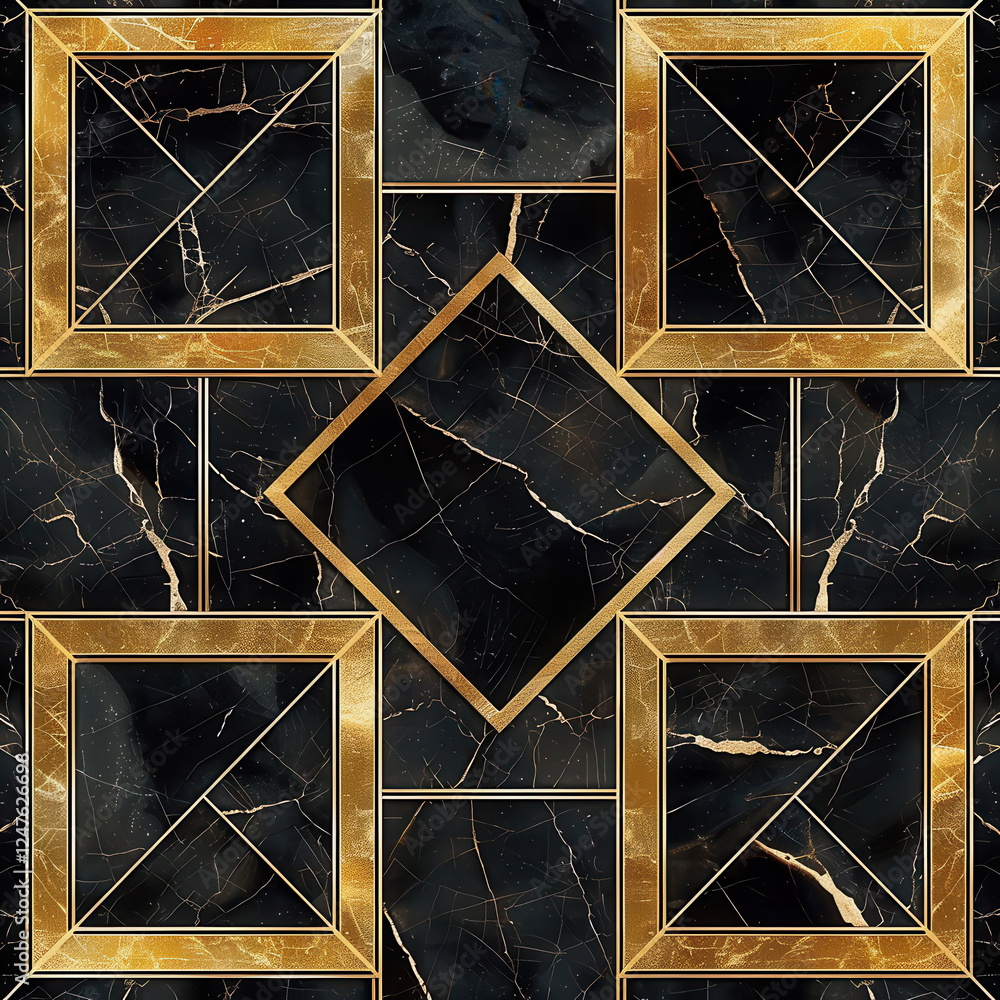 Poster elegant black marble tile pattern featuring embedded golden inlays, creating luxurious and sophistic