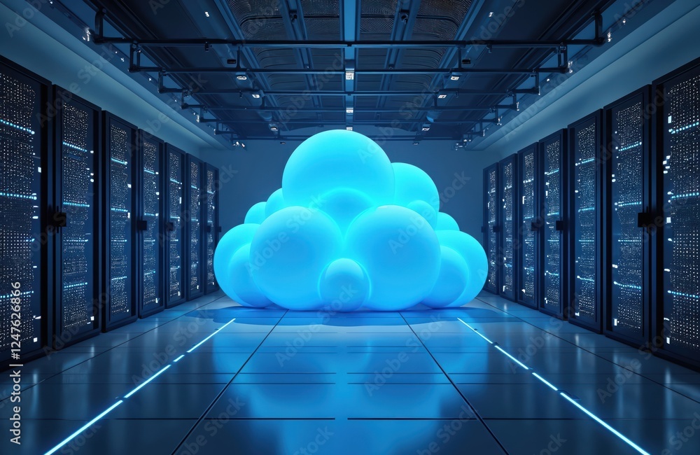 Poster futuristic data center. glowing blue cloud center. modern tech hardware. high-tech server racks. coo