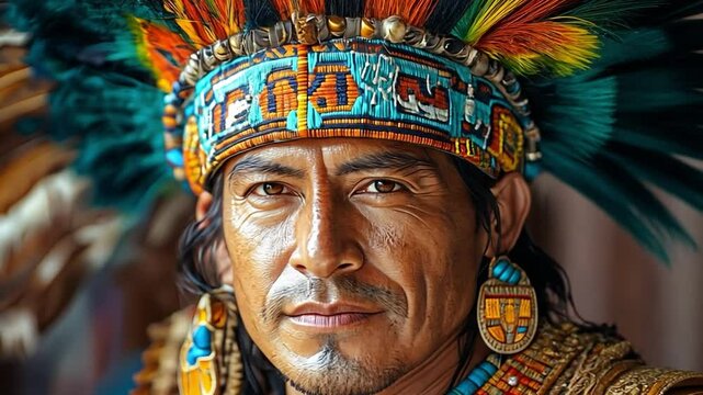 Aztec Warrior's Gaze: A close-up portrait of an Aztec warrior, adorned with a vibrant headdress and intricate jewelry, gazing with stoic intensity.