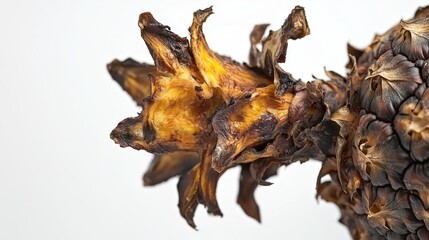 Burnt Pineapple Crown: Close-up detail of a sunburnt or overripe pineapple crown, showcasing its dried, brown, and textured surface against a clean background.