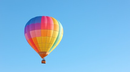 Naklejka premium Colorful hot air balloon floats in clear blue sky. Travel, tourism, adventure image