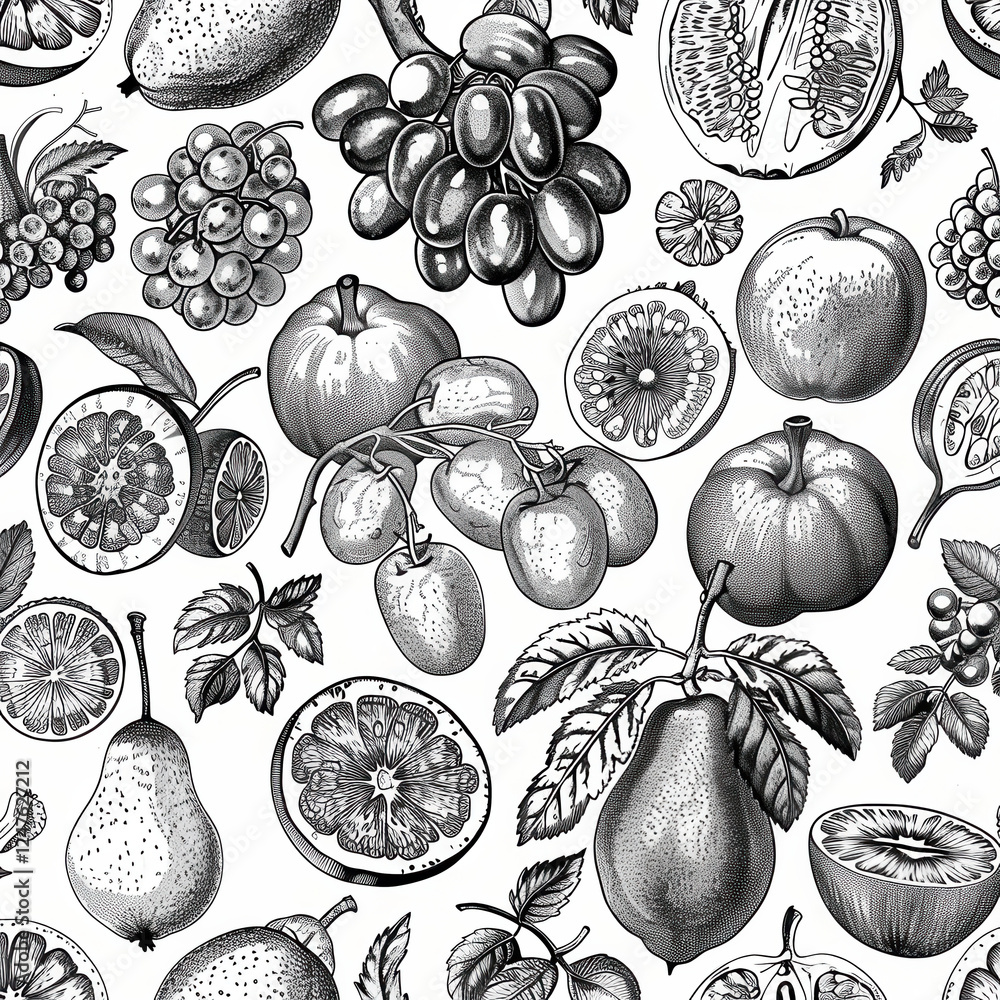 Aufkleber black and white mixed fruit pattern featuring detailed illustrations of various fruits, creating vis