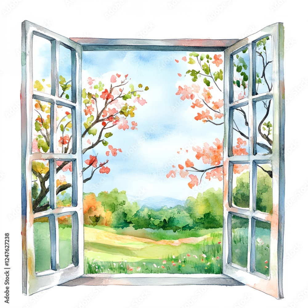 Poster window with a view of a field and trees