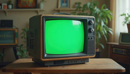 Vintage retro TV set with green screen chroma key display. Dated tech from 90s. Old fashioned tech concept. Retro style. Home interior scene. Blank screen for compositing, editing. Display ready for