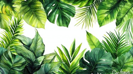 A vibrant arrangement of tropical leaves in various shades of green.