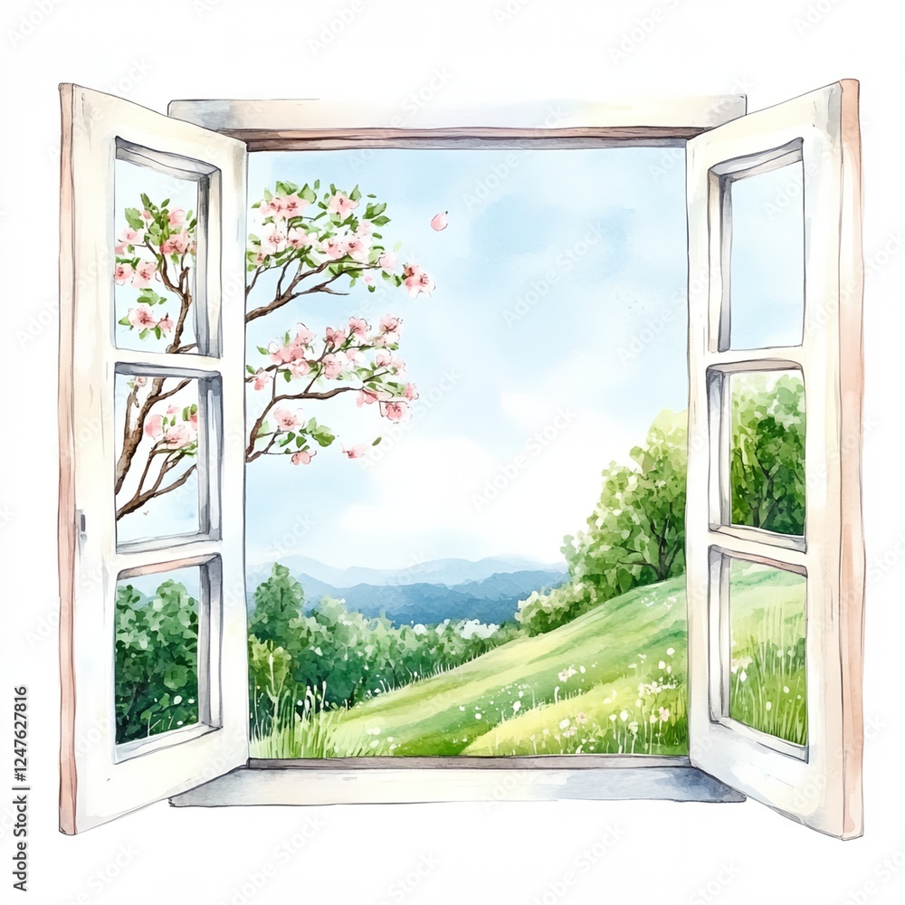 Poster window with a view of a green hillside and a tree